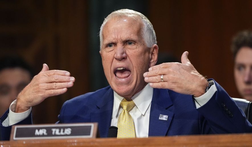 Sen. Thom Tillis, R-N.C., criticizes Homeland Security Secretary Kristi Noem during an oversight hearing before the Senate Judiciary Committee, at the Capitol in Washington, Tuesday, March 3, 2026. (AP Photo/J. Scott Applewhite)