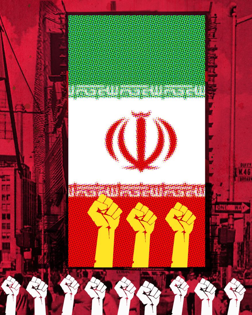 China sponsored protests against the Iran war in New York City illustration by Linas Garsys / The Washington Times