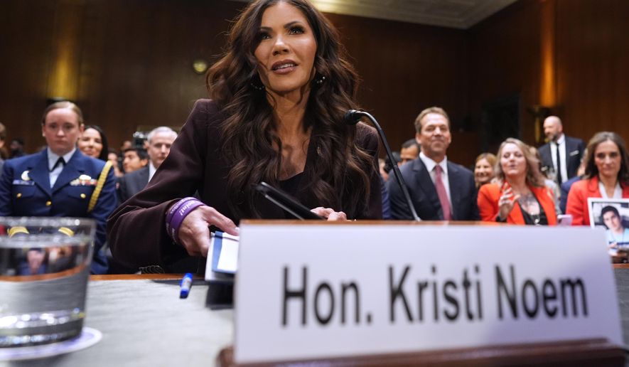 Homeland Security Secretary Kristi Noem appears for an oversight hearing before the Senate Judiciary Committee, at the Capitol in Washington, Tuesday, March 3, 2026. (AP Photo/J. Scott Applewhite)
