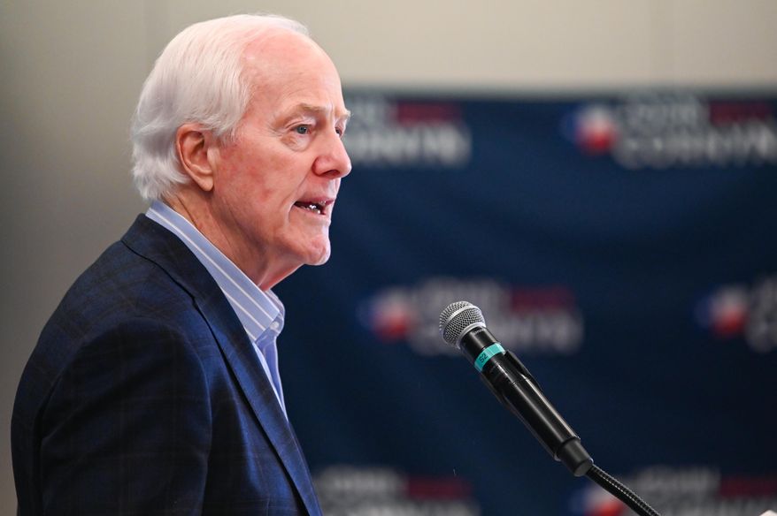 Sen. John Cornyn, R-Texas, speaks to the media Tuesday, March 3, 2026, in Austin, Texas. (AP Photo/Jack Myer)