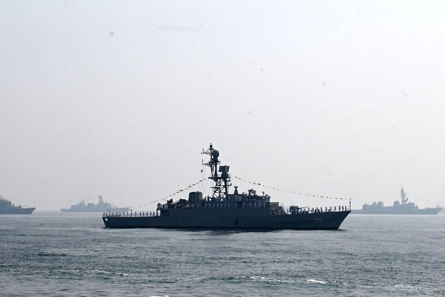 Iranian warship IRIS Dena is seen in the Bay of Bengal during International Fleet Review held at Visakhapatnam, India, Feb. 18, 2026. (AP Photo)