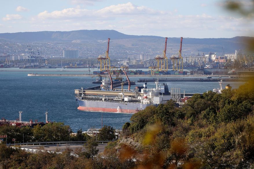 An oil tanker is moored at the Sheskharis complex in Novorossiysk, Russia, Tuesday, Oct. 11, 2022. (AP Photo, File)