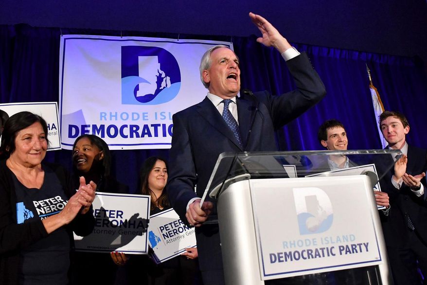 Attorney General Peter Neronha gives a victory speech after winning a second term, during an election-night gathering of Rhode Island Democratic candidates and supporters on Nov. 8, 2022, in Providence, R.I. . (AP Photo/Mark Stockwell, File)