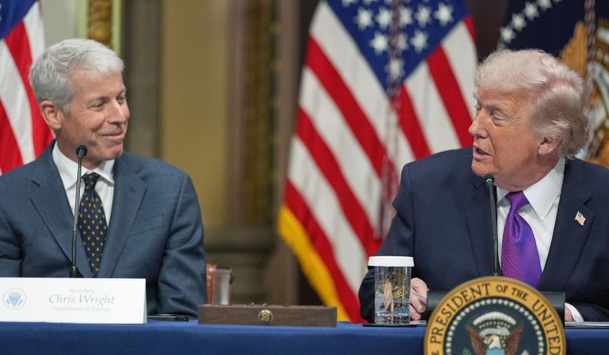 President Donald Trump looks at Energy Secretary Chris Wright as he speaks during an event about the Ratepayer Protection Pledge, in the Indian Treaty Room of the Eisenhower Executive Office Building on the White House complex, Wednesday, March 4, 2026, in Washington. (AP Photo/Jacquelyn Martin)