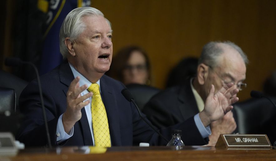 Sen. Lindsey Graham, R-S.C. speaks as Department of Homeland Security Secretary Kristi Noem, testifies during a Senate Judiciary Committee oversight hearing on Capitol Hill in Washington, Tuesday, March 3, 2026. (AP Photo/Manuel Balce Ceneta)