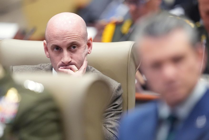 White House deputy chief of staff Stephen Miller listens during the inaugural Americas Counter Cartel Conference at U.S. Southern Command in Doral, Fla., Thursday, March 5, 2026. (AP Photo/Rebecca Blackwell)