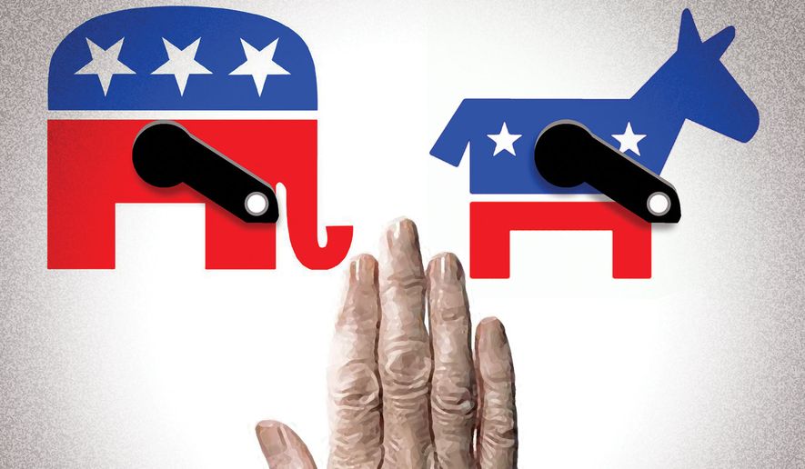 Senior citizens voting for Republicans or Democrats in elections illustration by Alexander Hunter/The Washington Times