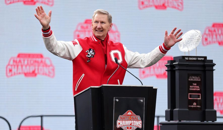FILE - Ohio State University President Ted Carter speaks during the National Championship football celebration at Ohio Stadium in Columbus, Ohio, Jan. 26, 2025. (AP Photo/Joe Maiorana, file)