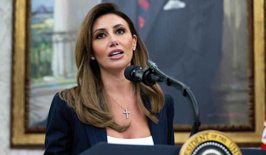 Alina Habba speaks after being sworn in as interim U.S. attorney general for New Jersey on March 28, 2025, in the Oval Office of the White House in Washington. (Pool File via AP) **FILE**