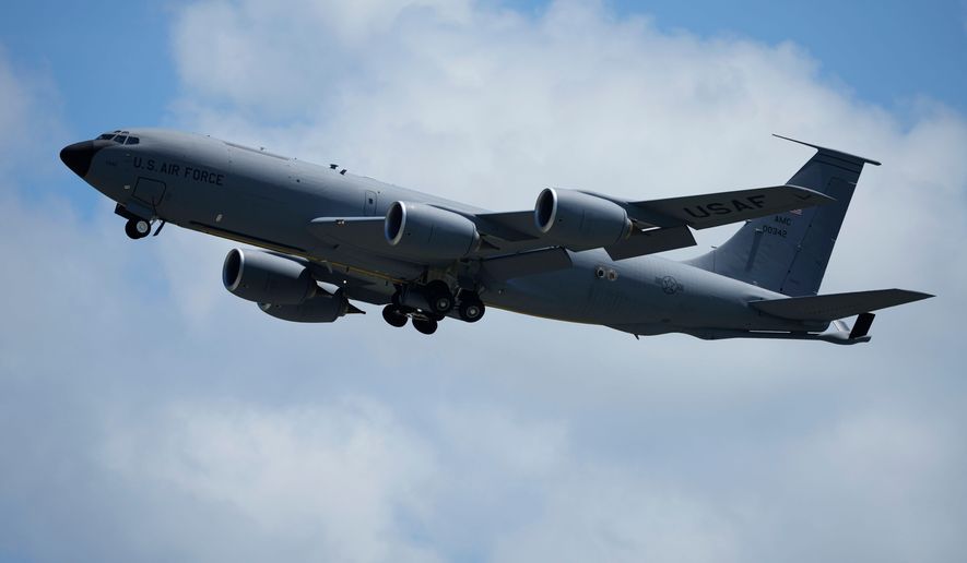 A U.S. Air Force KC-135 Stratotanker refueling tanker aircraft takes off from the Kadena Air Base airfield in Kadena town, west of Okinawa, southern Japan, Wednesday, Aug. 30, 2023. (AP Photo/Hiro Komae, File)