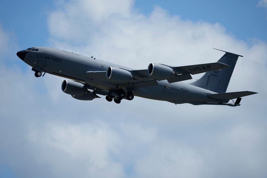 A U.S. Air Force KC-135 Stratotanker refueling tanker aircraft takes off from the Kadena Air Base airfield in Kadena town, west of Okinawa, southern Japan, Wednesday, Aug. 30, 2023. (AP Photo/Hiro Komae, File)