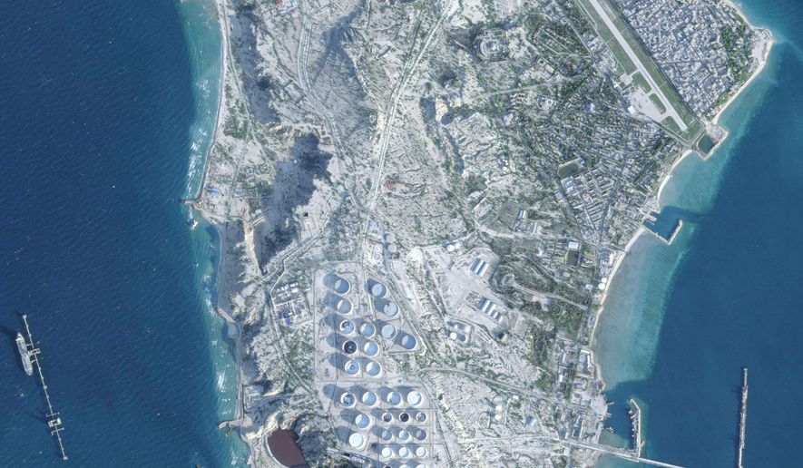 In this satellite photo from Planet Labs PBC, Iran's Kharg Island is seen on Feb. 26, 2026. (Planet Labs PBC via AP)