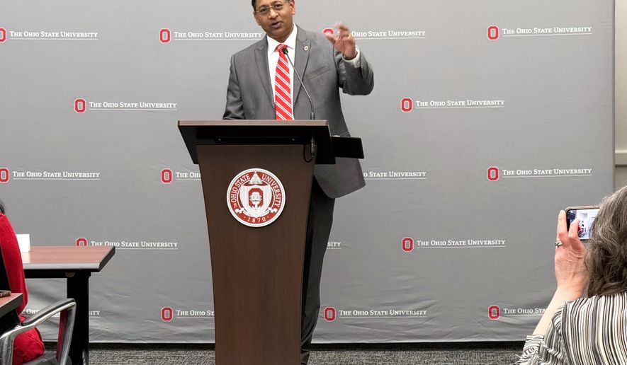 New Ohio State University President Ravi Bellamkonda speaks at the university on Thursday, March 12, 2026, in Columbus, Ohio. (AP Photo/Patrick Aftoora-Orsagos)