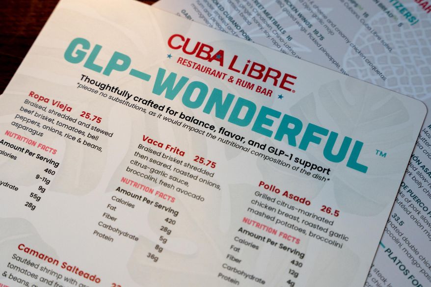 A modified menu catering to the dietary needs of people who use GLP-1 weight loss drugs is displayed at Cuba Libre Restaurant and Rum Bar in Philadelphia, on Friday, March 6, 2026. (AP Photo/Mingson Lau)