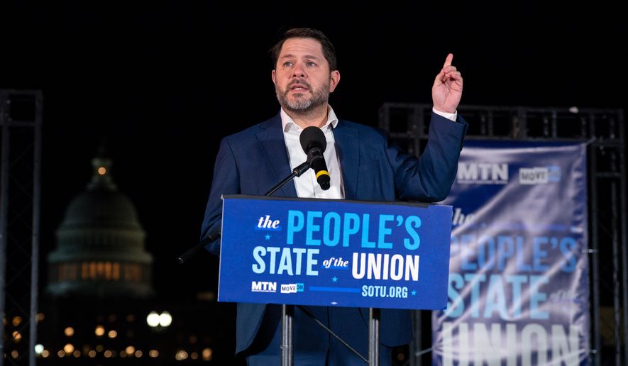 Sen. Ruben Gallego D-Ariz., speaks during the "People's State of the Union" rally outside of the U.S. Capitol Feb. 24, 2026, in Washington. (AP Photo/Jose Luis Magana, File)