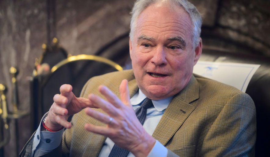 Sen. Tim Kaine, D-Va., speaks during a press briefing on the Iran war powers resolution at the Capitol, March 9, 2026, in Washington. (AP Photo/Rod Lamkey, Jr., File)