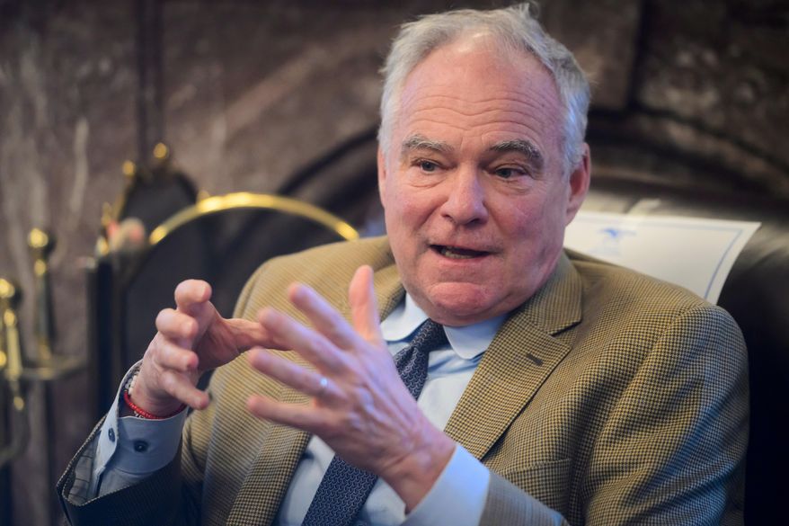 Sen. Tim Kaine, D-Va., speaks during a press briefing on the Iran war powers resolution at the Capitol, March 9, 2026, in Washington. (AP Photo/Rod Lamkey, Jr., File)