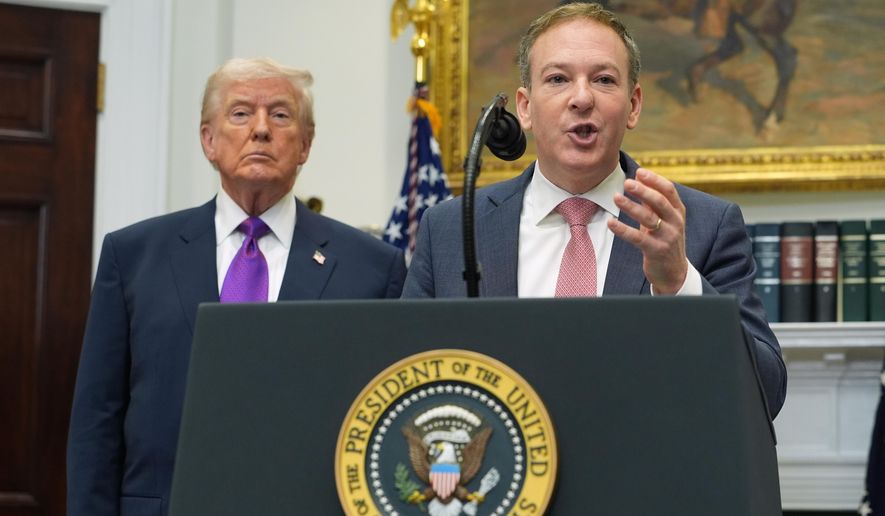 President Donald Trump listens as Environmental Protection Agency director Lee Zeldin speaks during an event in the Roosevelt Room of the White House in Washington on Thursday, Feb. 12, 2026, announcing that the EPA will no longer regulate greenhouse gases. (AP Photo/Evan Vucci) **FILE**