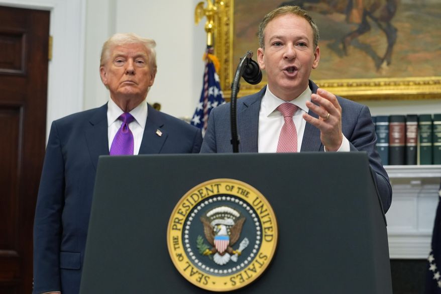 President Donald Trump listens as Environmental Protection Agency director Lee Zeldin speaks during an event in the Roosevelt Room of the White House in Washington on Thursday, Feb. 12, 2026, announcing that the EPA will no longer regulate greenhouse gases. (AP Photo/Evan Vucci) **FILE**