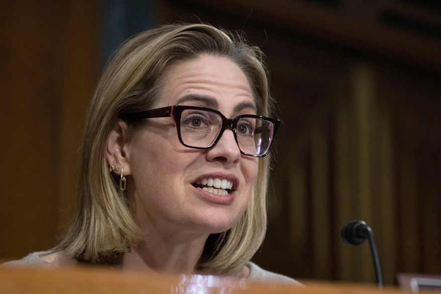 Sen. Kyrsten Sinema, I-Ariz., questions witnesses during a Senate Banking, Housing and Urban Affairs hearings to examine recent bank failures and the Federal regulatory response on Capitol Hill, Tuesday, March 28, 2023, in Washington. (AP Photo/Manuel Balce Ceneta, File)