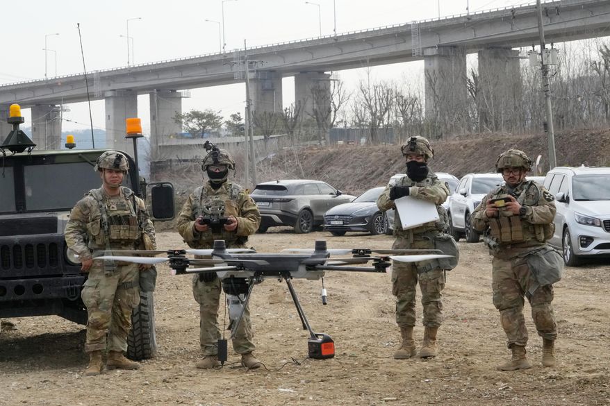 U.S. Army soldiers operate their drone during a joint river-crossing exercise between South Korea and the United States as a part of the Freedom Shield military exercise in Yeoncheon, South Korea, Saturday, March 14, 2026. (AP Photo/Ahn Young-joon) ** FILE **