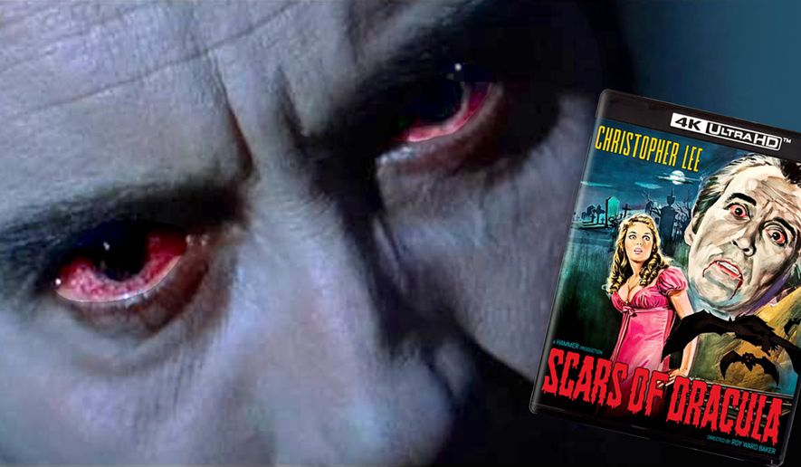 Christopher Lee's bloodshot eyes star in"Scars of Dracula," now available in the 4K disc format from Kino Lorber.