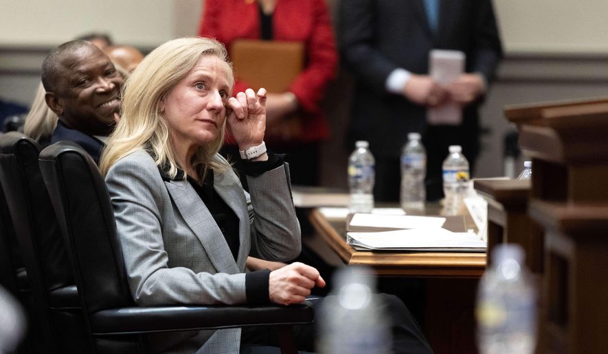 Gov. Abigail Spanberger becomes emotional during the investiture ceremony of Chief Justice Cleo E. Powell in the chamber of the Supreme Court of Virginia, in Richmond, Va., on Monday, March 2, 2026. (Mike Kroff/Richmond Times-Dispatch via AP) **FILE**