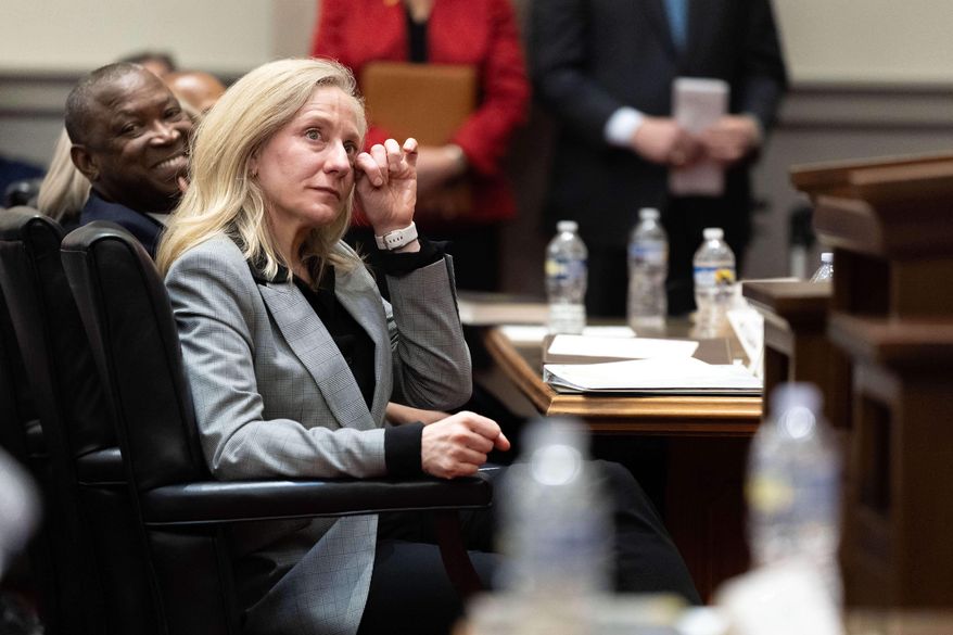 Gov. Abigail Spanberger becomes emotional during the investiture ceremony of Chief Justice Cleo E. Powell in the chamber of the Supreme Court of Virginia, in Richmond, Va., on Monday, March 2, 2026. (Mike Kroff/Richmond Times-Dispatch via AP) **FILE**
