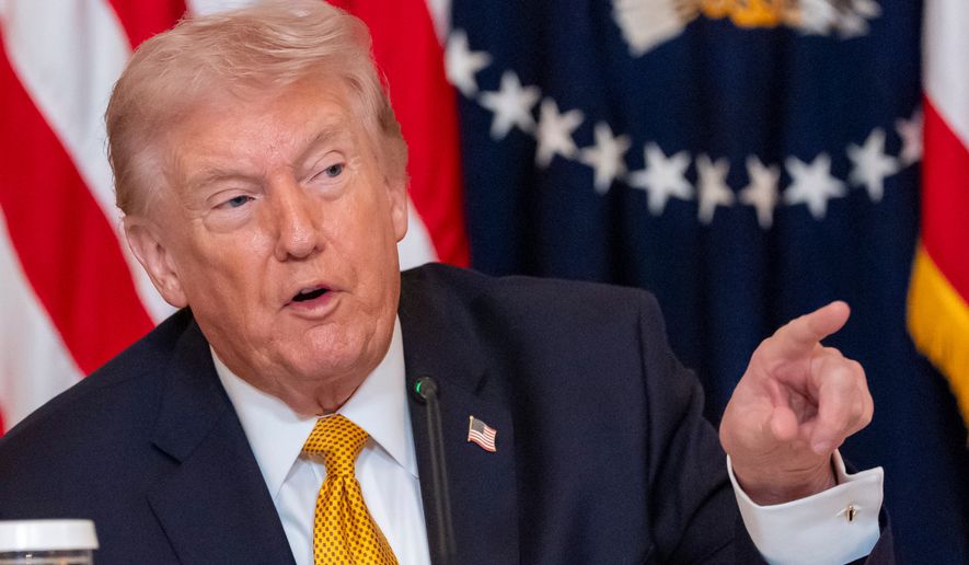 President Donald Trump speaks during a board meeting of the John F. Kennedy Memorial Center For The Performing Arts in the East Room of the White House, Monday, March 16, 2026, in Washington. (AP Photo/Alex Brandon)