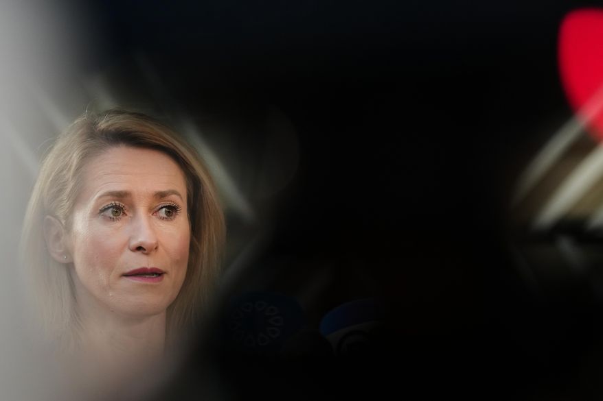 European Union foreign policy chief Kaja Kallas speaks with the media as she arrives for a meeting of EU foreign ministers at the European Council building in Brussels, Monday, March 16, 2026. (AP Photo/Virginia Mayo)