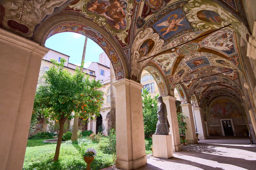 A view of the frescoed vaults of the cloister of the Basilica of Santa Maria sopra Minerva in Rome, Wednesday, March 18, 2026. (AP Photo/Domenico Stinellis)