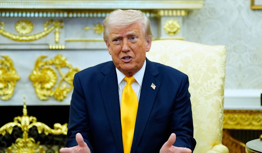 President Donald Trump speaks during a meeting with Japan's Prime Minister Sanae Takaichi in the Oval Office of the White House, Thursday, March 19, 2026, in Washington. (AP Photo/Alex Brandon)