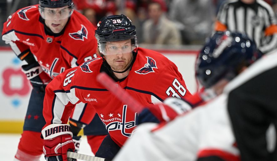 Washington Capitals defenseman Rasmus Sandin (38) lined up outside the faceoff circle during the second period of an NHL game against the New Jersey Devils at Capital One Arena in Washington, D.C., March 20, 2026. (Photo for the Washington Times) ** FILE **