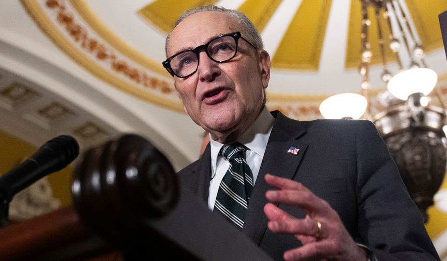 Senate Minority Leader Chuck Schumer, D-N.Y., speaks to members of the media on Capitol Hill in Washington, Tuesday, March 17, 2026. (AP Photo/Manuel Balce Ceneta) **FILE**