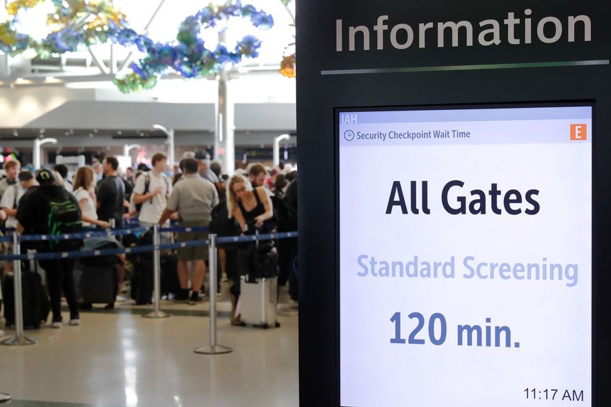 Air travelers endure long lines and two-hour wait times at the TSA security check point at Terminal E at the George Bush Intercontinental Airport Friday, March 20, 2026, in Houston. (AP Photo/Michael Wyke)