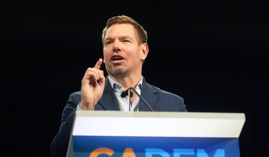 California gubernatorial candidate Eric Swalwell speaks at the 2026 California Democratic Party State Convention in San Francisco, Saturday, Feb. 21, 2026. (AP Photo/Jeff Chiu)