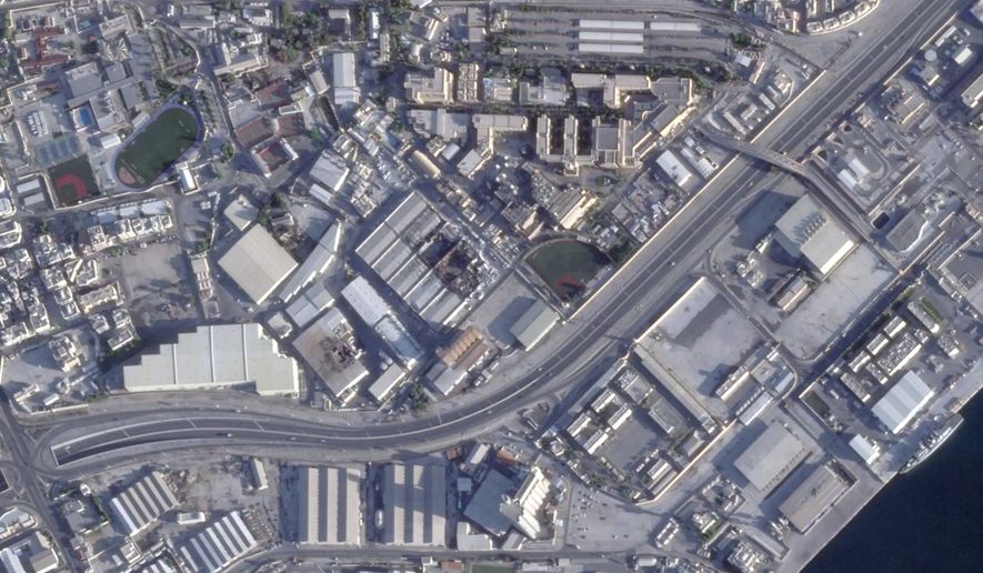 This satellite image from Planet Labs PBC shows damage after Iranian attacks on the U.S. Navy's 5th Fleet headquarters in Manama, Bahrain, March 6, 2026. (Planet Labs PBC via AP)