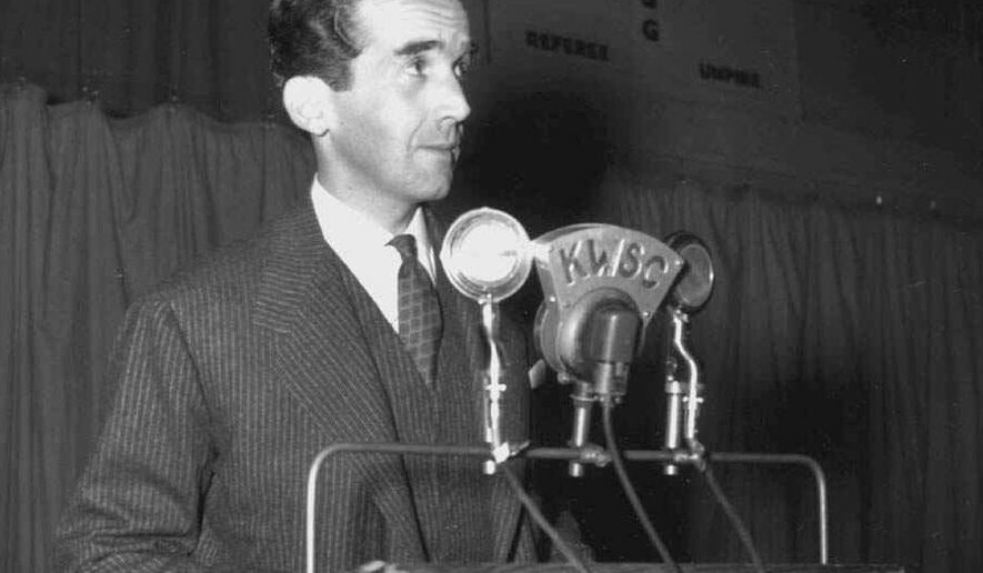 Edward R. Murrow, a CBS correspondent who made his name from the front lines of World War II and from confronting Sen. Joseph McCarthy during the 1950s Red Scare, during a speaking engagement. (AP Photo/Washington State University/The Columbian via AP)
