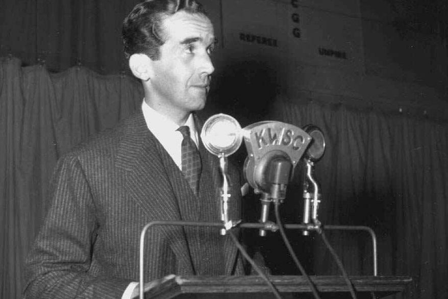 Edward R. Murrow, a CBS correspondent who made his name from the front lines of World War II and from confronting Sen. Joseph McCarthy during the 1950s Red Scare, during a speaking engagement. (AP Photo/Washington State University/The Columbian via AP)