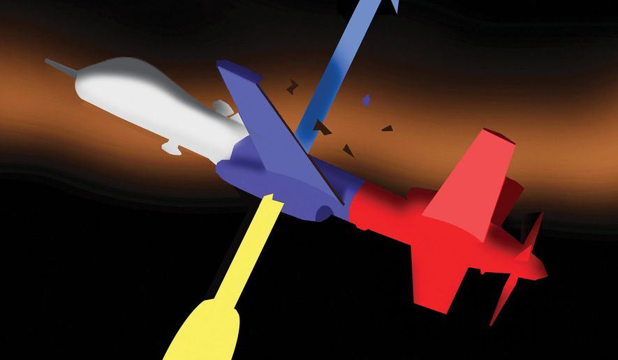 Ukraine drone warfare and technology to combat airborne threats illustration by Alexander Hunter/The Washington Times