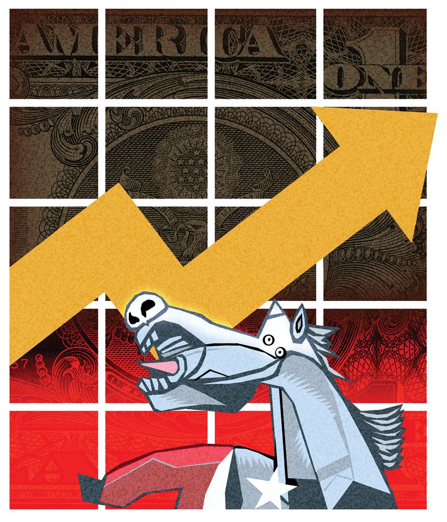 Democrats and the economy illustration by Alexander Hunter/The Washington Times