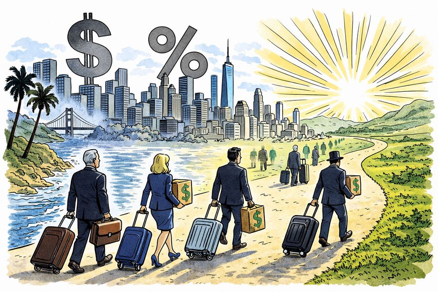 Blue states lose billions in tax revenue as residents leave Illustration generated by ChatGPT for The Washington Times