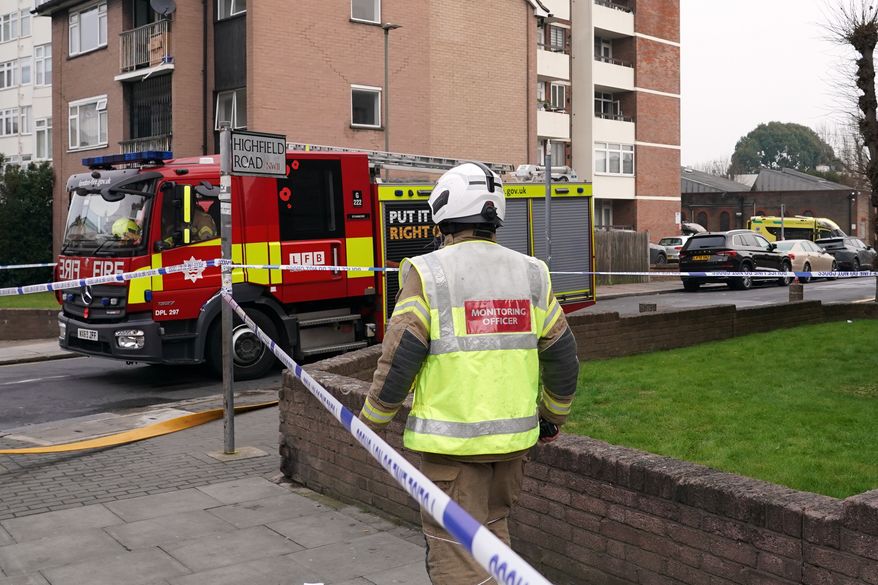 Firefighters respond to a fire in Golders Green, London, Monday, March 23, 2026 after an apparent arson attack on four vehicles belonging to a Jewish ambulance service, Hatzola Northwest, in London.(AP Photo/Alberto Pezzali)