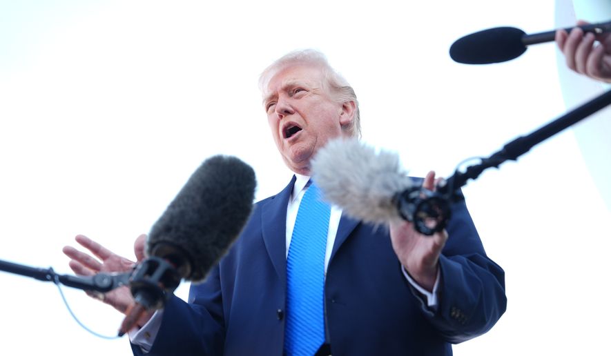 President Donald Trump speaks with the media before boarding Air Force One, Monday, March 23, 2026, at Palm Beach International Airport in West Palm Beach, Fla. (AP Photo/Mark Schiefelbein) ** FILE **