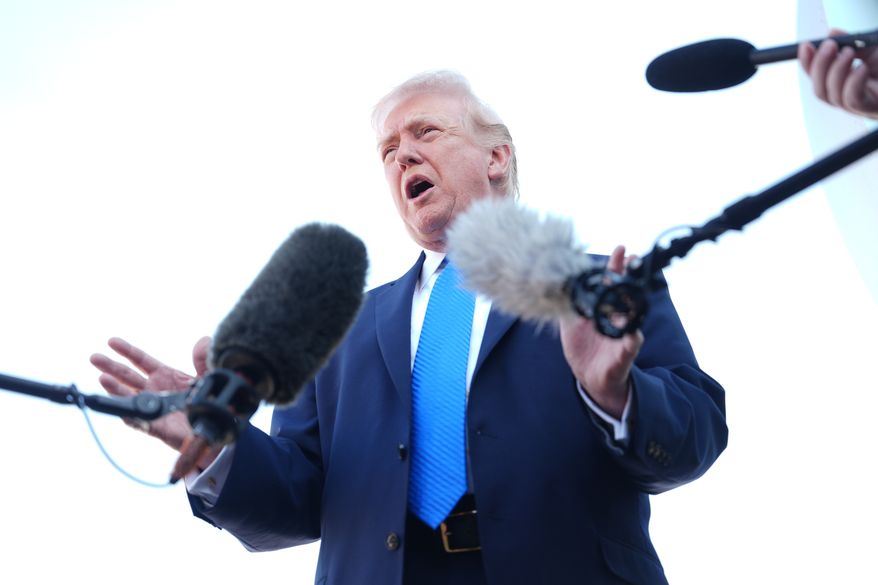 President Donald Trump speaks with the media before boarding Air Force One, Monday, March 23, 2026, at Palm Beach International Airport in West Palm Beach, Fla. (AP Photo/Mark Schiefelbein) ** FILE **