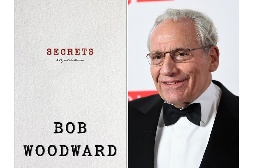 This combination of photos shows the cover image for "Secrets: A Reporter's Memoir" by Bob Woodward, left, and Woodward at the 2019 PEN America Literary Gala in New York on May 21, 2019. (Simon & Schuster via AP, left, and AP Photo)