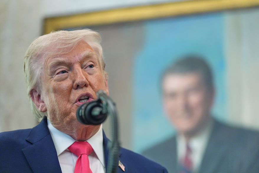 President Donald Trump speaks during the swearing in for Homeland Security Secretary Markwayne Mullin in the Oval Office of the White House, Tuesday, March 24, 2026, in Washington. (AP Photo/Alex Brandon)