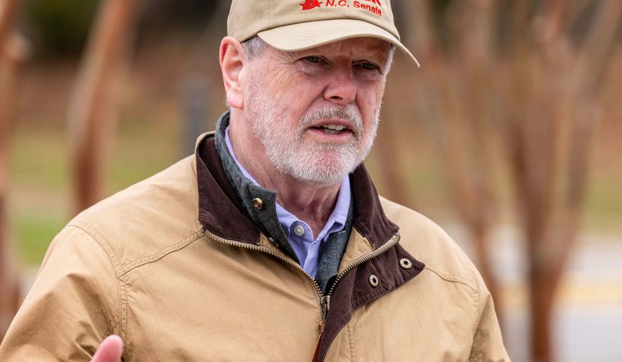 Phil Berger, candidate for North Carolina State Senate, campaigns at Douglass Elementary in Eden, N.C., on Tuesday, March 3, 2026. (Woody Marshall/News & Record via AP)