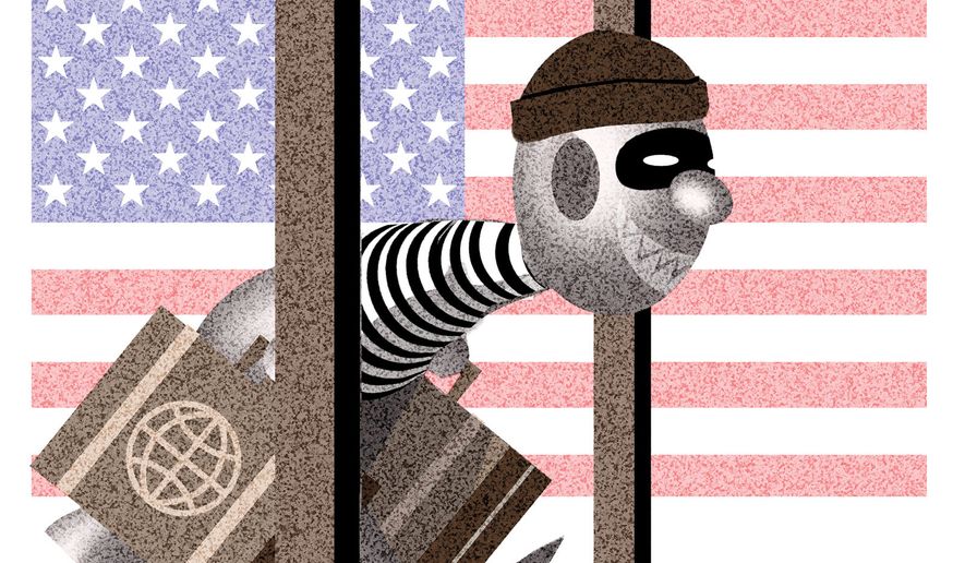 Screening foreigners and stopping criminals coming to the United States of America illustration by Alexander Hunter/The Washington Times
