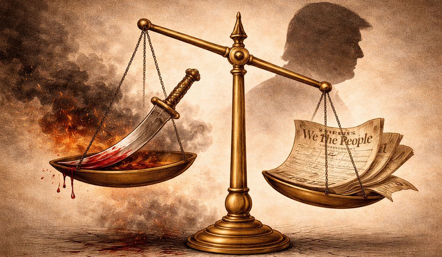 President Donald Trump and Iran war authorization in the U.S. Constitution Illustration generated by ChatGPT for The Washington Times